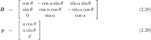        ⌊  cos θ  - cosαsinθ   sinα sin θ  ⌋
       |                                |
R   =  ⌈  sin θ  cos αcosθ   - sinα cosθ ⌉                 (2.28)
           0       sin α        cos α
       ⌊  acosθ ⌋
 p  =  |  asin θ |                                         (2.29)
       ⌈        ⌉
            d
