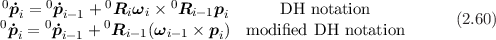 0     0      0       0
0p˙i = 0˙pi- 1 + 0Ri ωi × Ri -1pi     DH  notation           (2.60)
 ˙pi = p˙i- 1 + Ri- 1(ωi- 1 × pi) modified DH  notation
